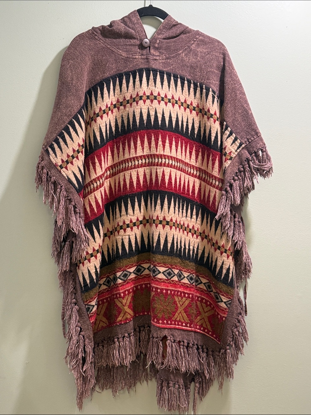 Boho Hooded Fringe Poncho Sweater in Mauve and Red